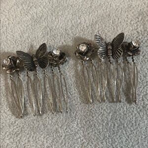 Vintage Silver tone and gunmetal Butterfly Hair Combs with Rhinestones 1.5”L